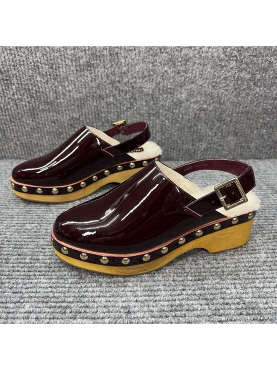 Kelsi Dagger Shoes - Kelsi Dagger Platform Clogs Women's 9 Burgundy Patent Leather Studded Slingback